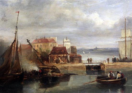 Attributed to John Wilson Carmichael (1800-1868) Fishing boats in harbour, 9.5 x 13in.